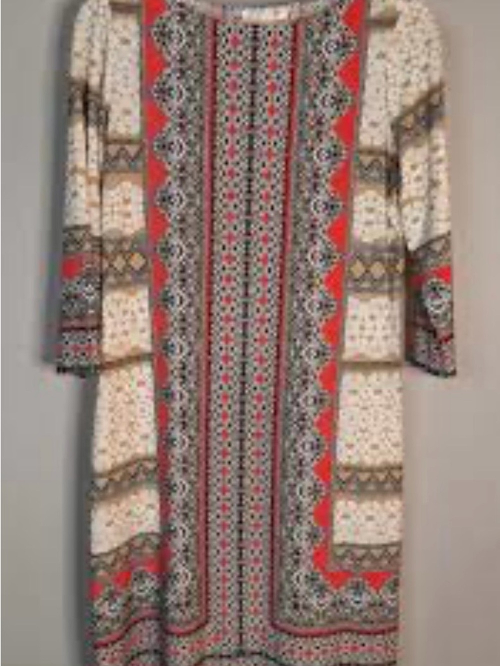 Printed Midi Dress in Ivory with Coral Accents